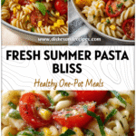 A bowl of Corn And Pasta Salad with tomatoes, herbs, and colorful summer ingredients on a light table.